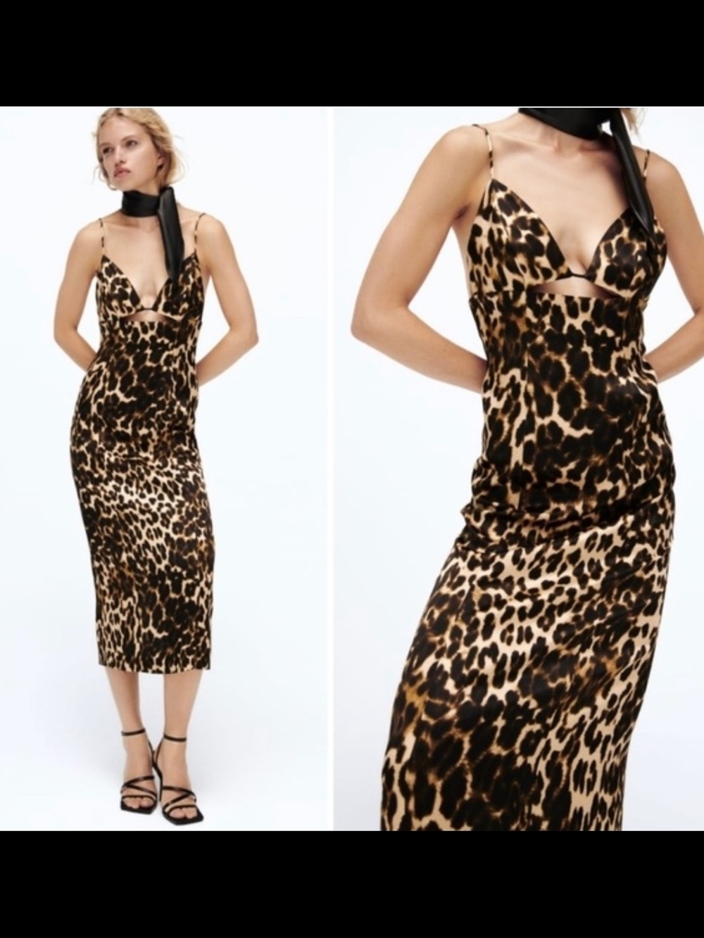Zara Leopard Print Cut Out Satin Spaghetti Strap Wiggle Dress Rare Size Small
